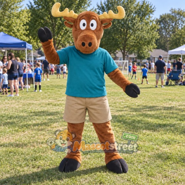 Brown Moose Mascot Costume with Teal Shirt and Khaki Shorts