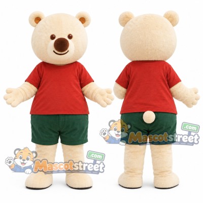 Cream Bear Mascot Costume with Red Shirt and Green Shorts