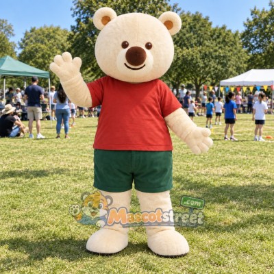 Cream Bear Mascot Costume with Red Shirt and Green Shorts