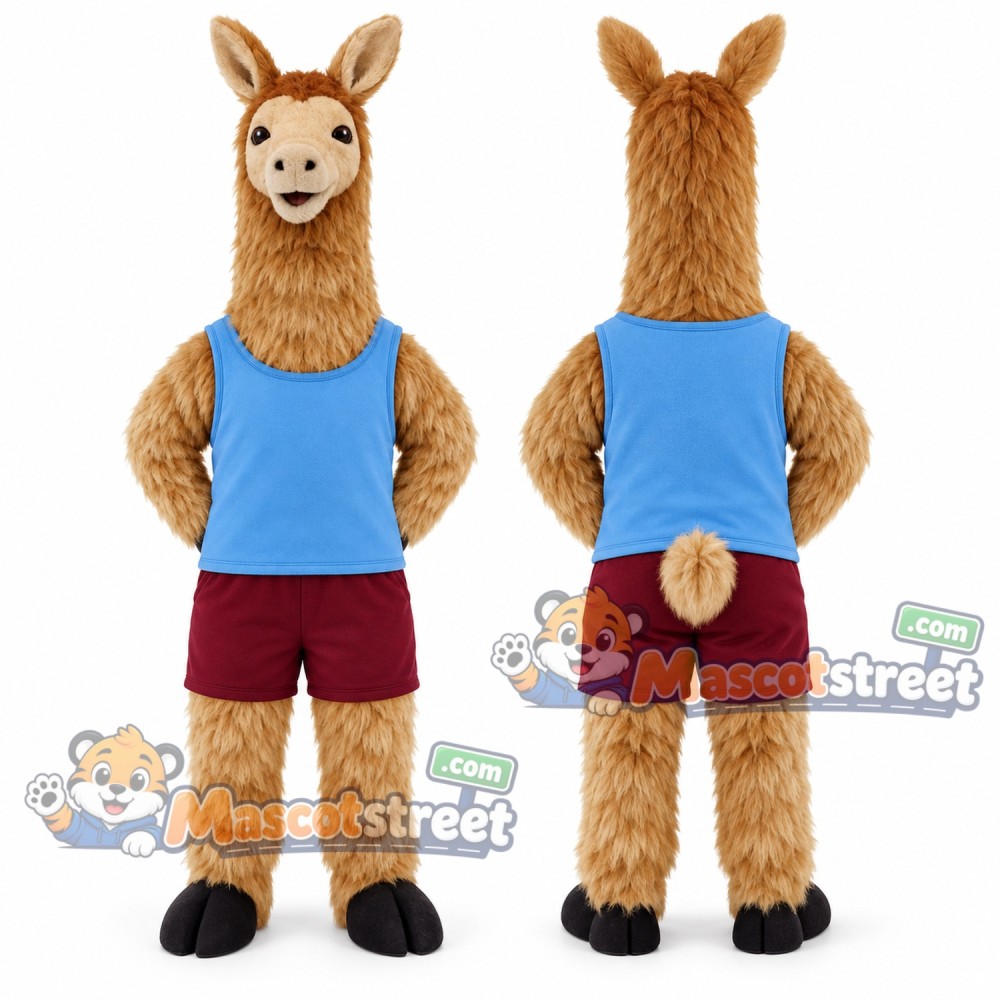 Brown Llama Mascot Costume with Blue Shirt and Burgundy Shorts