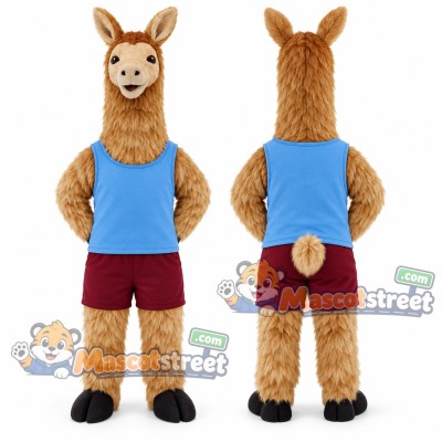 Brown Llama Mascot Costume with Blue Shirt and Burgundy Shorts