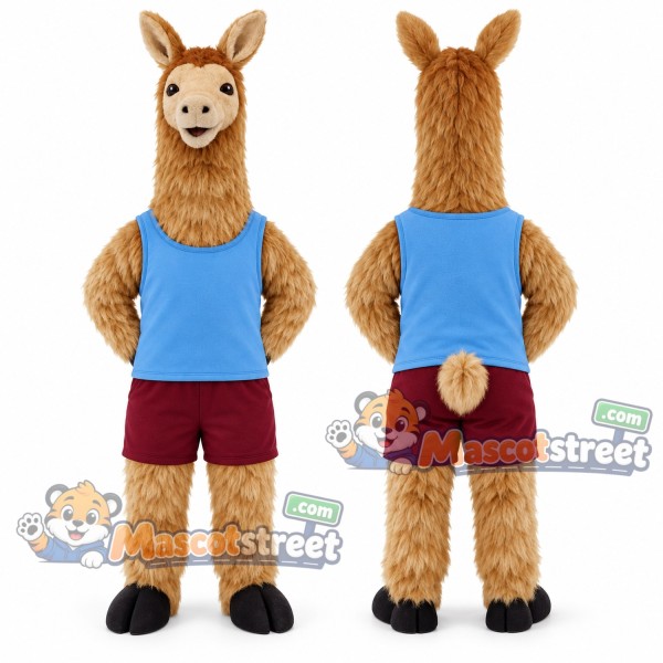 Brown Llama Mascot Costume with Blue Shirt and Burgundy Shorts