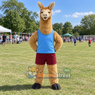 Brown Llama Mascot Costume with Blue Shirt and Burgundy Shorts