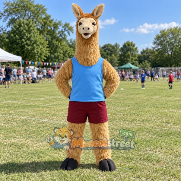 Brown Llama Mascot Costume with Blue Shirt and Burgundy Shorts