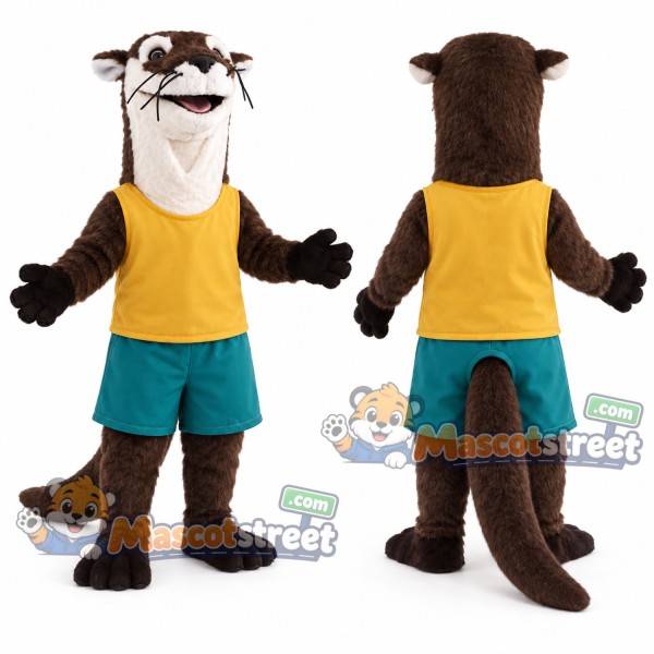 Brown Otter Mascot Costume with Yellow Shirt and Teal Shorts