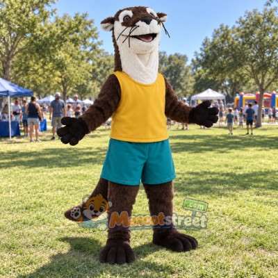 Brown Otter Mascot Costume with Yellow Shirt and Teal Shorts Brown Otter Mascot Costume with Yellow Shirt and Teal Shorts