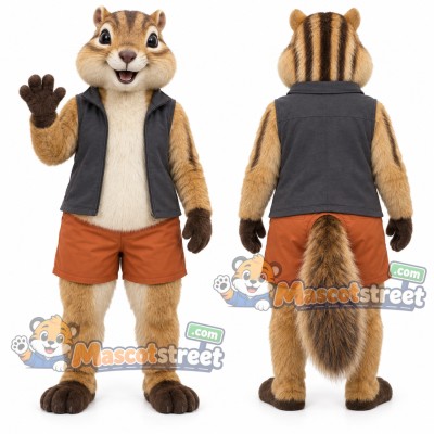 Brown Chipmunk Mascot Costume with Black Vest and Orange Shorts Brown Chipmunk Mascot Costume with Black Vest and Orange Shorts