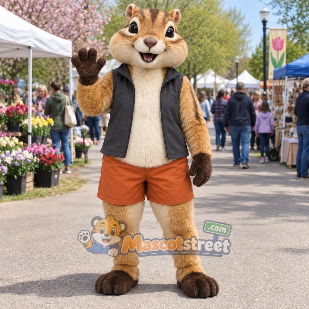 Brown Chipmunk Mascot Costume with Black Vest and Orange Shorts Brown Chipmunk Mascot Costume with Black Vest and Orange Shorts