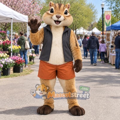 Brown Chipmunk Mascot Costume with Black Vest and Orange Shorts Brown Chipmunk Mascot Costume with Black Vest and Orange Shorts