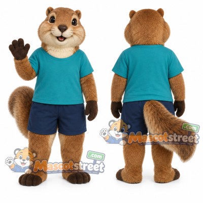 Brown Chipmunk Mascot Costume with Teal Shirt and Navy Shorts Brown Chipmunk Mascot Costume with Teal Shirt and Navy Shorts