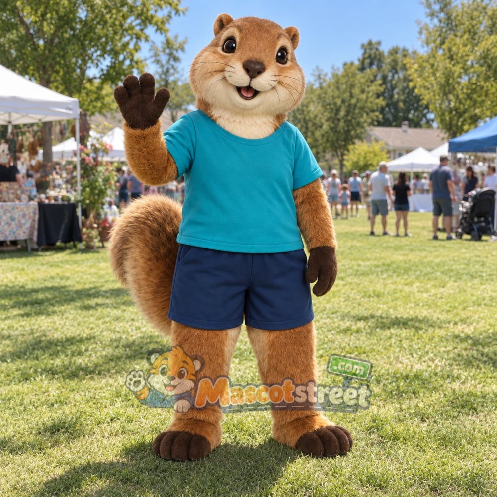 Brown Chipmunk Mascot Costume with Teal Shirt and Navy Shorts Brown Chipmunk Mascot Costume with Teal Shirt and Navy Shorts