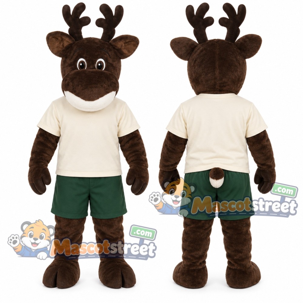 Brown Reindeer Mascot Costume with Cream Shirt and Green Shorts