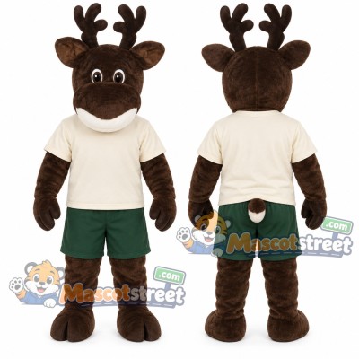 Brown Reindeer Mascot Costume with Cream Shirt and Green Shorts