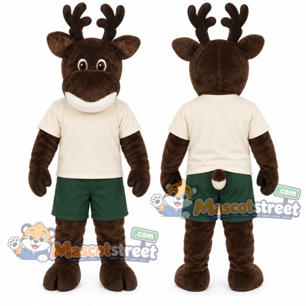 Brown Reindeer Mascot Costume with Cream Shirt and Green Shorts