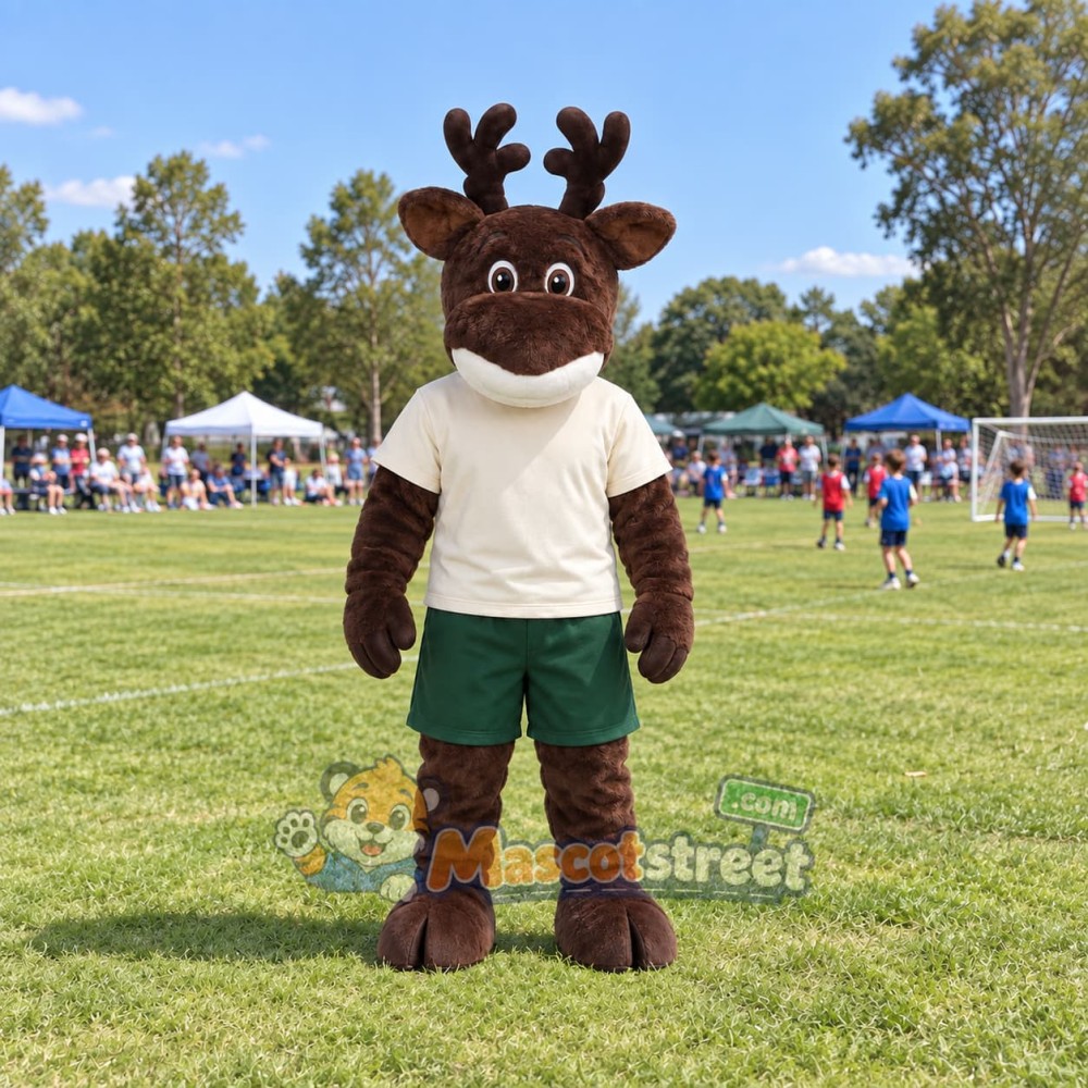 Brown Reindeer Mascot Costume with Cream Shirt and Green Shorts