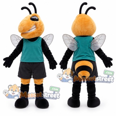 Hornet Mascot Costume with Teal Shirt and Black Shorts