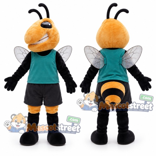 Hornet Mascot Costume with Teal Shirt and Black Shorts