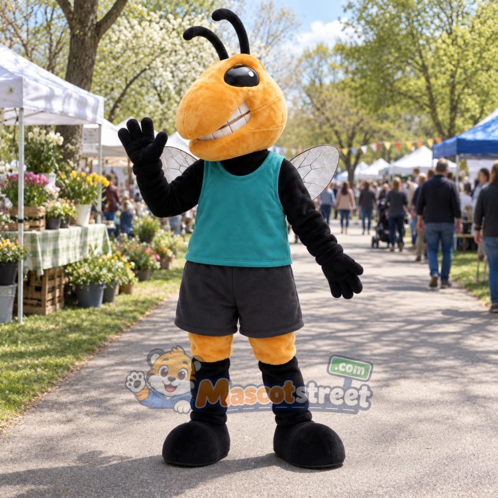 Hornet Mascot Costume with Teal Shirt and Black Shorts