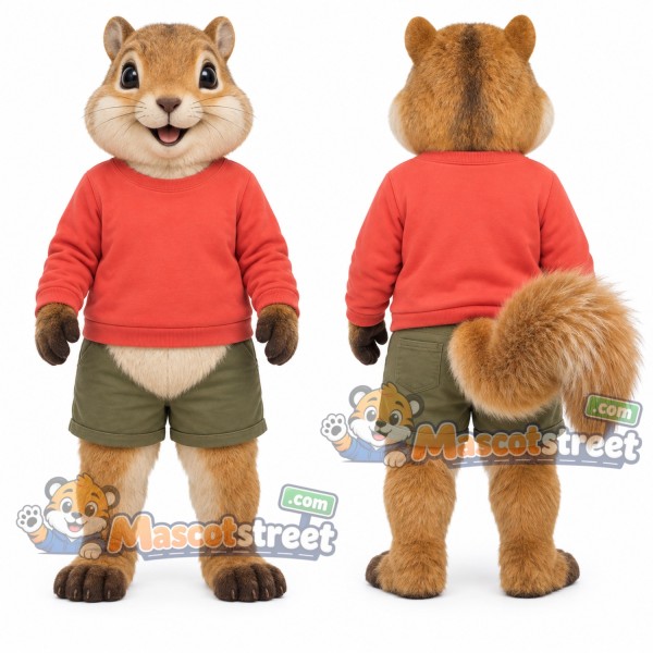 Brown Squirrel Mascot Costume with Coral Shirt and Green Shorts