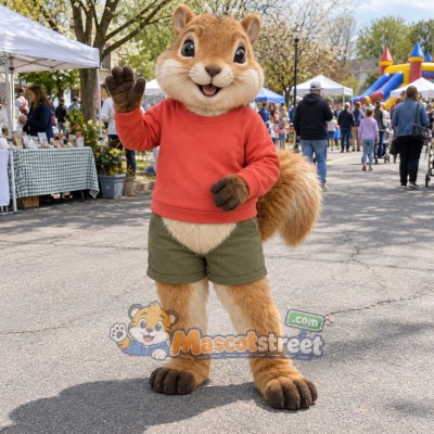 Brown Squirrel Mascot Costume with Coral Shirt and Green Shorts