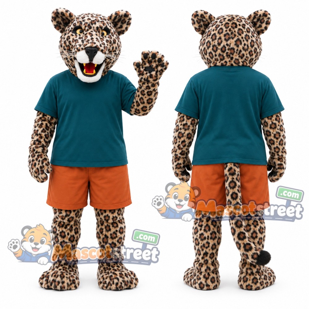 Spotted Leopard Mascot Costume with Teal Shirt and Orange Shorts Spotted Leopard Mascot Costume with Teal Shirt and Orange Shorts