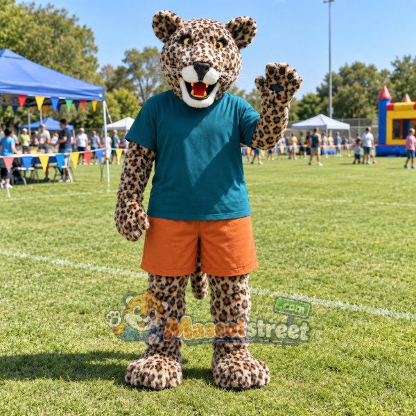 Spotted Leopard Mascot Costume with Teal Shirt and Orange Shorts