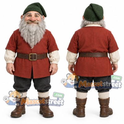 Bearded Dwarf Mascot Costume with Red Tunic and Green Hat Bearded Dwarf Mascot Costume with Red Tunic and Green Hat
