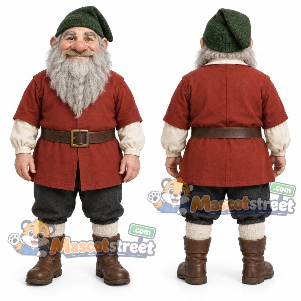 Bearded Dwarf Mascot Costume with Red Tunic and Green Hat