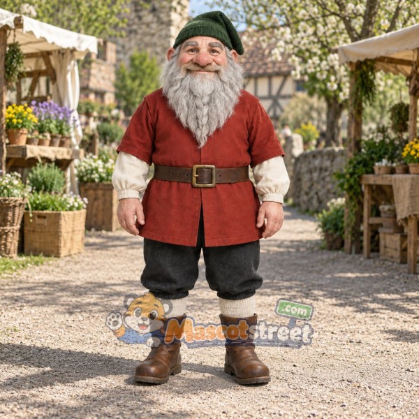 Bearded Dwarf Mascot Costume with Red Tunic and Green Hat