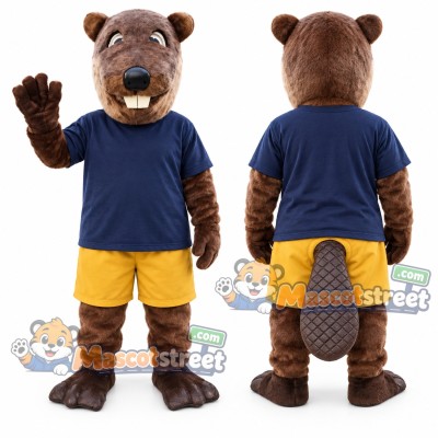 Brown Beaver Mascot Costume with Navy Shirt and Yellow Shorts