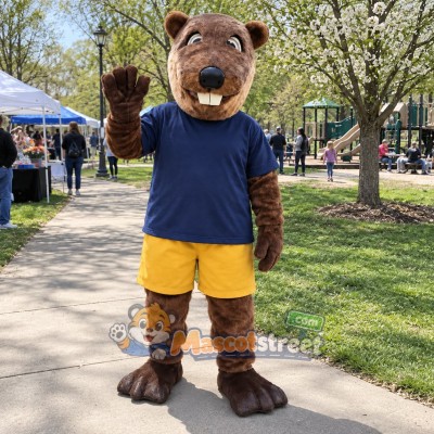 Brown Beaver Mascot Costume with Navy Shirt and Yellow Shorts