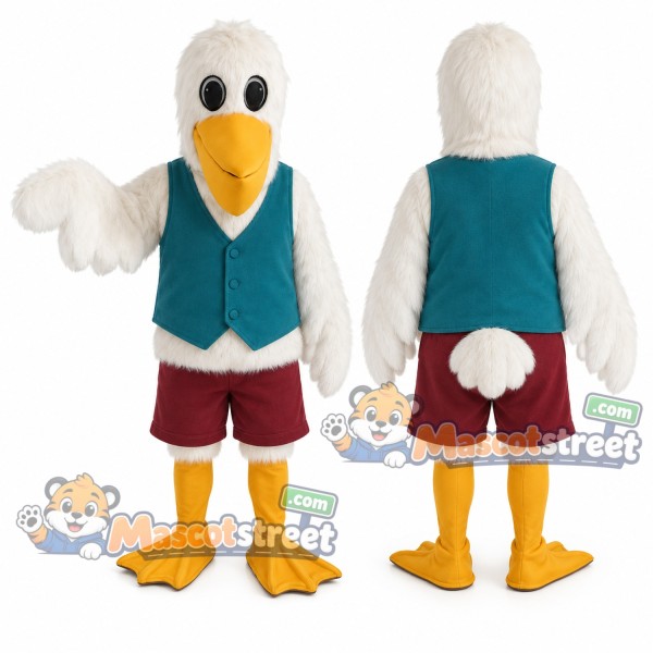 White Pelican Mascot Costume with Teal Vest and Burgundy Shorts