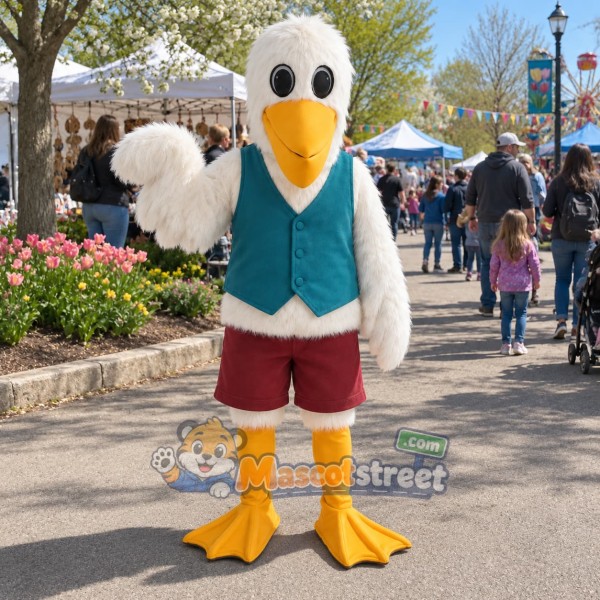 White Pelican Mascot Costume with Teal Vest and Burgundy Shorts