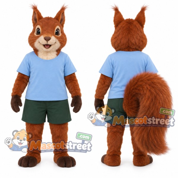 Brown Squirrel Mascot Costume with Blue Shirt and Green Shorts