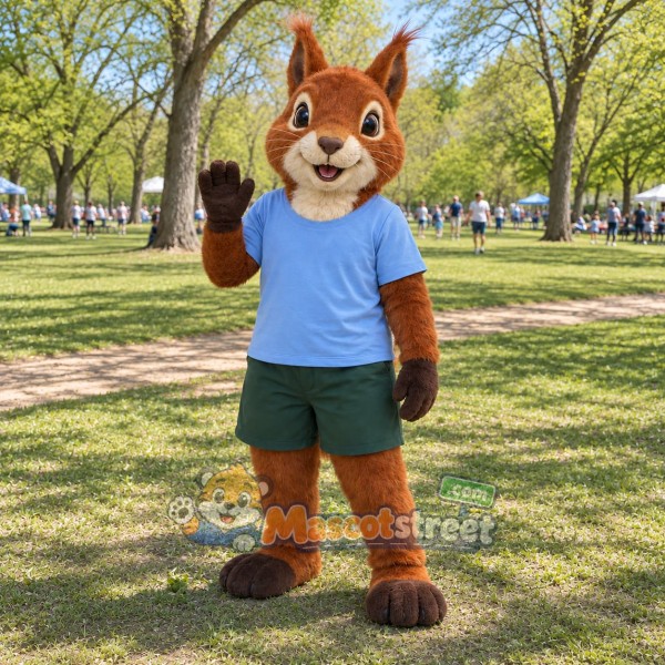 Brown Squirrel Mascot Costume with Blue Shirt and Green Shorts