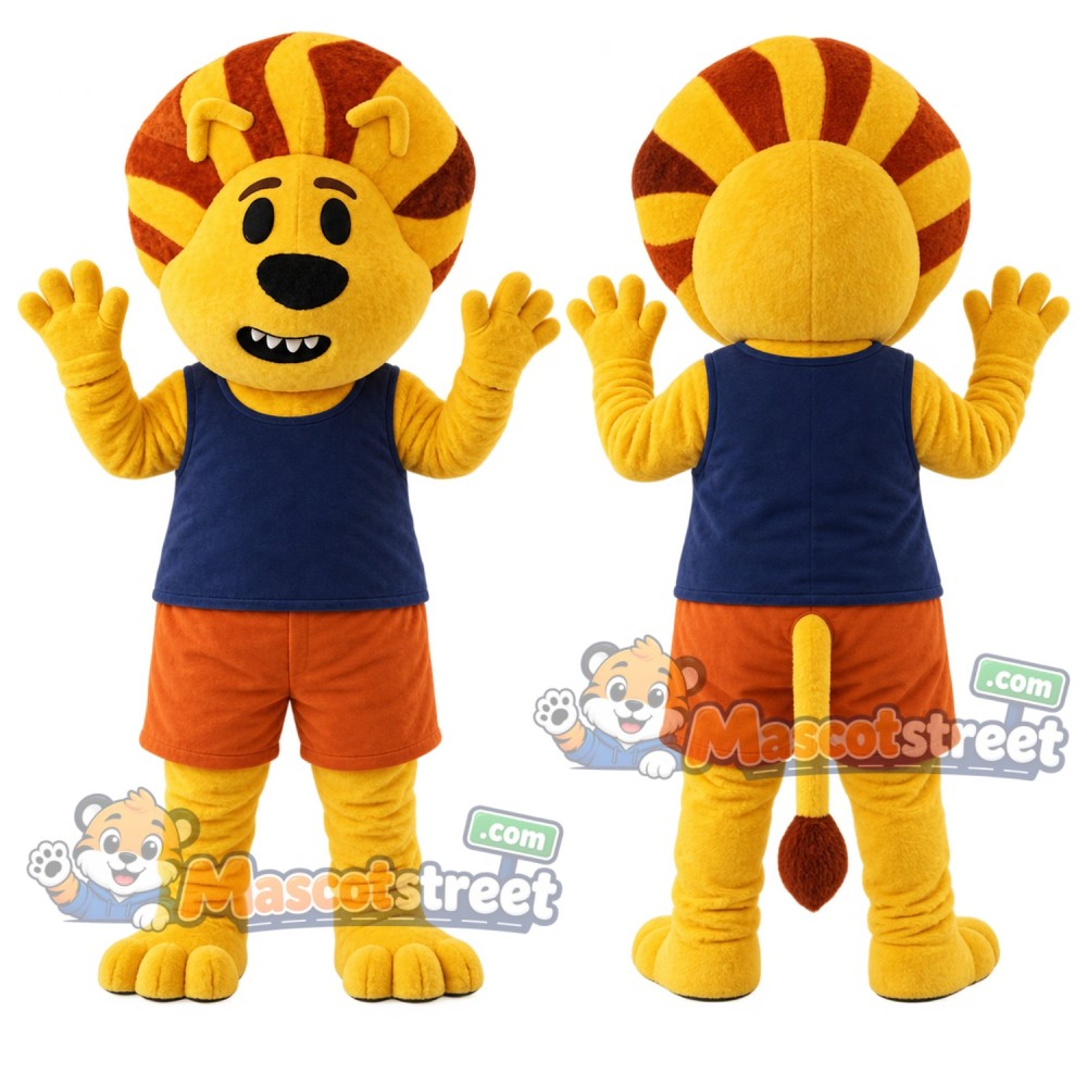 Yellow Lion Mascot Costume with Navy Shirt and Orange Shorts Yellow Lion Mascot Costume with Navy Shirt and Orange Shorts