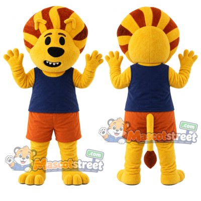 Yellow Lion Mascot Costume with Navy Shirt and Orange Shorts Yellow Lion Mascot Costume with Navy Shirt and Orange Shorts