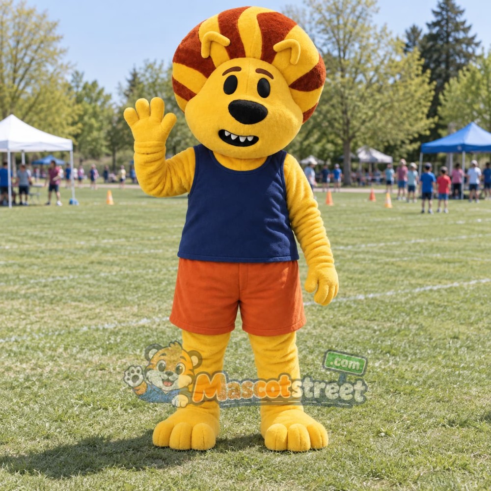 Yellow Lion Mascot Costume with Navy Shirt and Orange Shorts Yellow Lion Mascot Costume with Navy Shirt and Orange Shorts