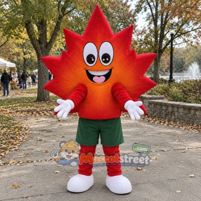 Red Maple Leaf Mascot Costume with Green Shorts