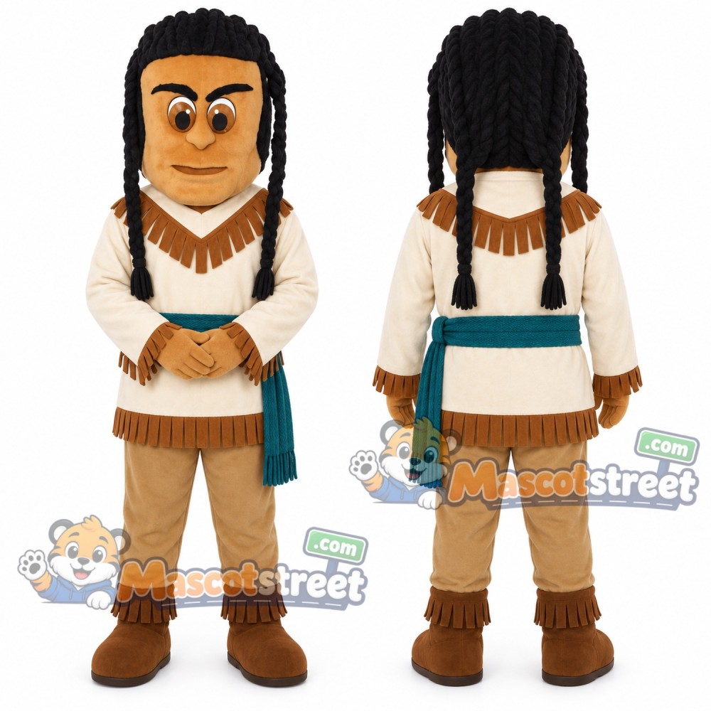 Braided Warrior Mascot Costume with Tan Fringed Outfit