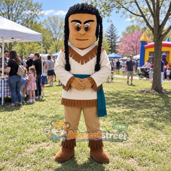 Braided Warrior Mascot Costume with Tan Fringed Outfit
