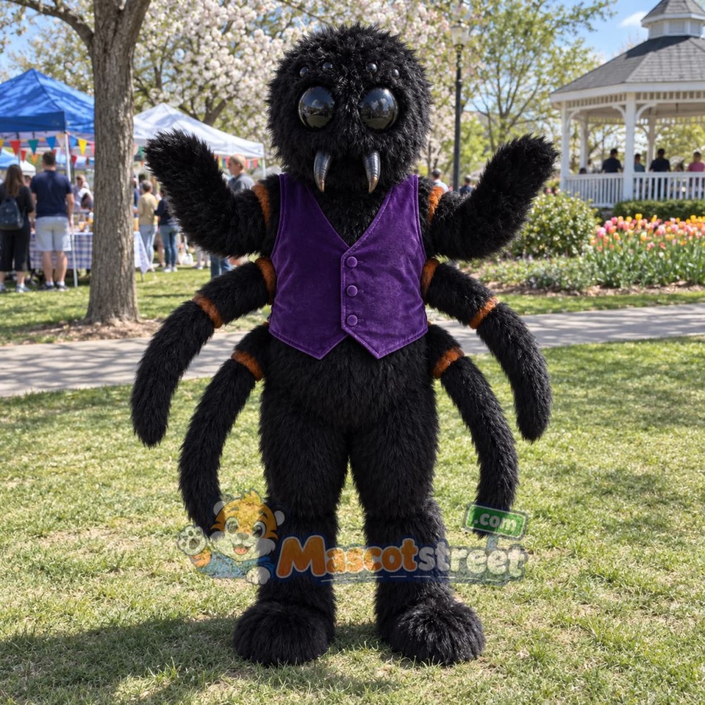 Black Spider Mascot Costume with Purple Vest