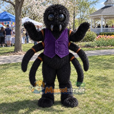 Black Spider Mascot Costume with Purple Vest