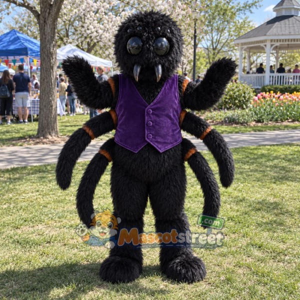 Black Spider Mascot Costume with Purple Vest