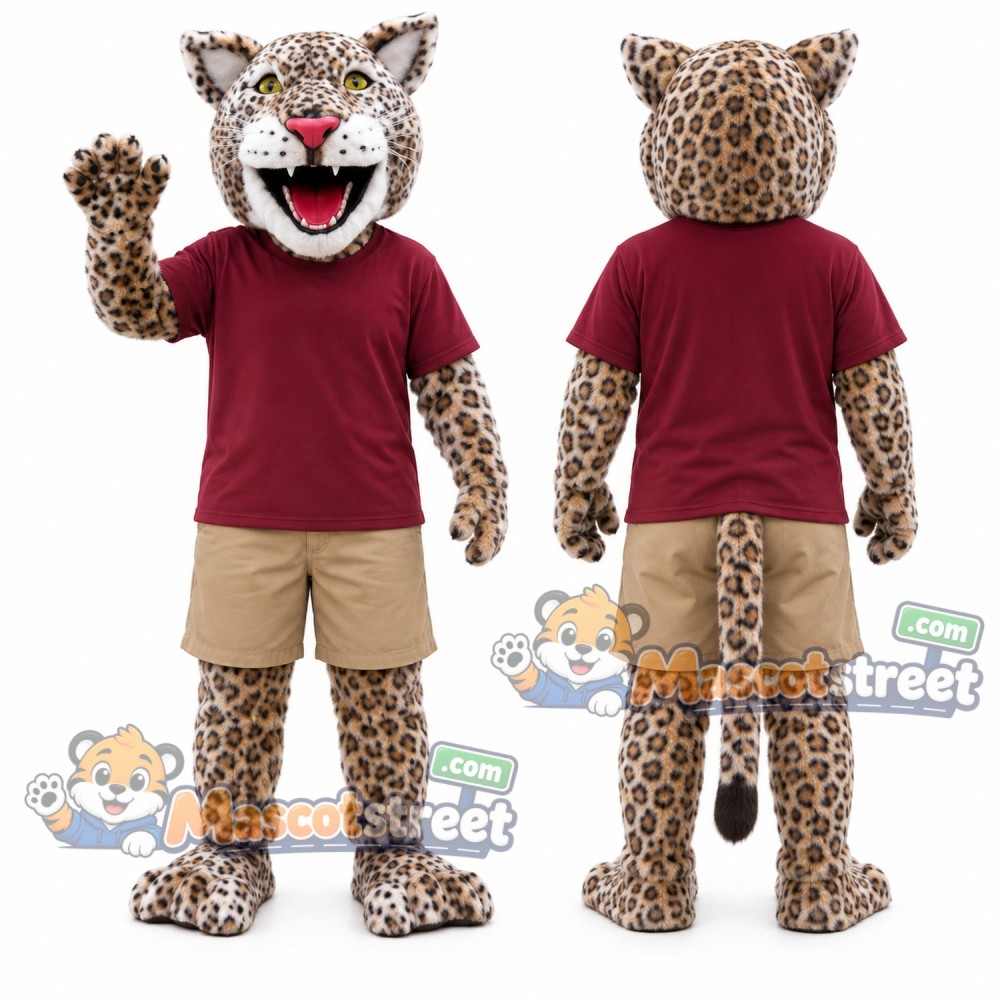 Spotted Leopard Mascot Costume with Burgundy Shirt and Khaki Shorts