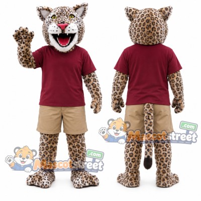 Spotted Leopard Mascot Costume with Burgundy Shirt and Khaki Shorts