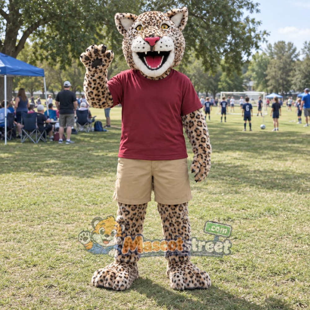 Spotted Leopard Mascot Costume with Burgundy Shirt and Khaki Shorts