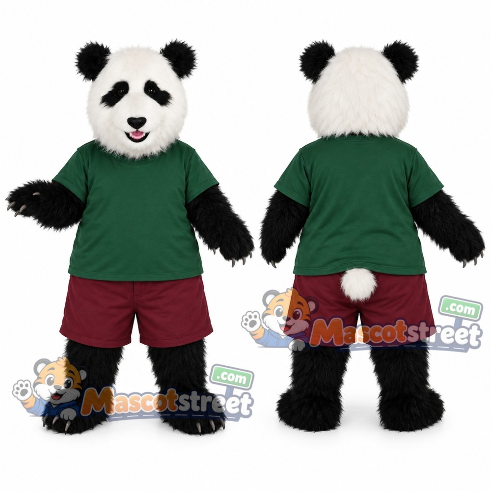 Panda Mascot Costume with Green Shirt and Burgundy Shorts Panda Mascot Costume with Green Shirt and Burgundy Shorts