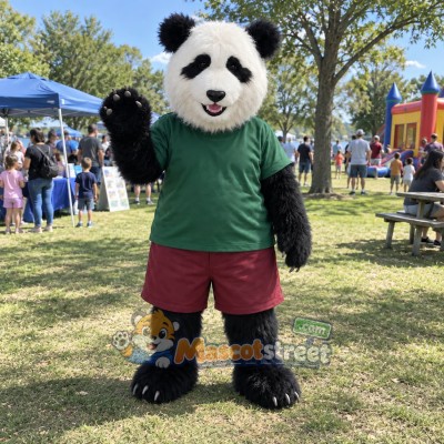 Panda Mascot Costume with Green Shirt and Burgundy Shorts Panda Mascot Costume with Green Shirt and Burgundy Shorts