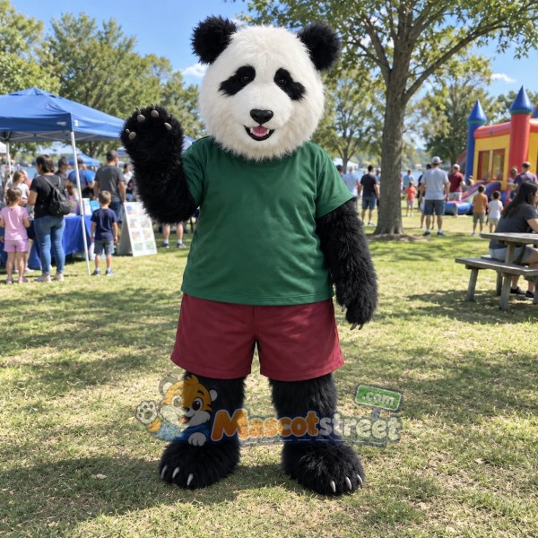 Panda Mascot Costume with Green Shirt and Burgundy Shorts